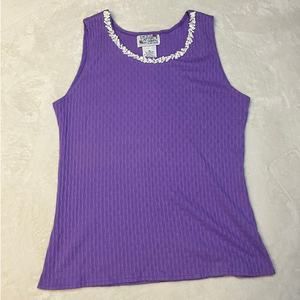 Vintage Lacy After Noon Purple Ribbed Lace Trim Tank Top Floral Cottage